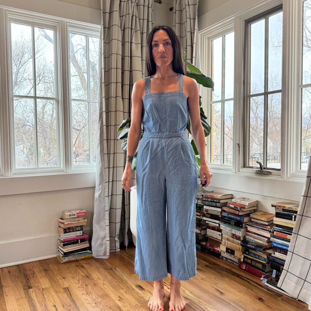 J.Crew Chambray Cotton Lyocell Cropped Wide Leg Jumpsuit Size 2 Blue Crossback
